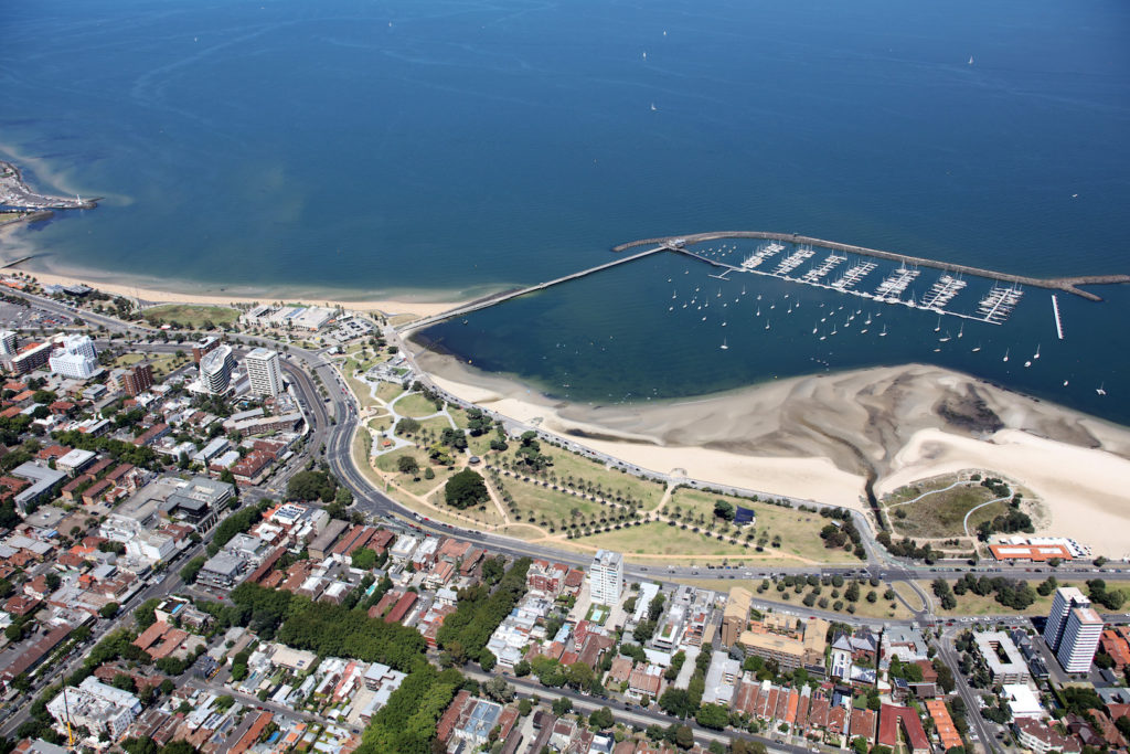 Arial photo of Port Phillip with housing, parkland and the port